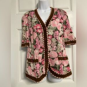 T27- LA ROSE Pink-Brown COTTAGE CORE FARM HOUSE  Floral Knit Jacket